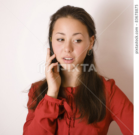 young pretty brunette woman smiling happy on white background, lifestyle people concept 83678875