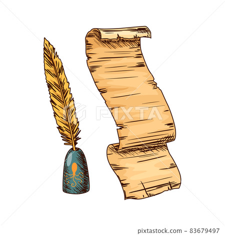 Old open parchment and feather in inkwell. Education and wisdom icon symbol. Vector illusration for education and literature theme design. Vintage library design element Old open parchment and feather in inkwell. Education and wisdom icon symbol. Vector illusration for education and literature theme design. Vintage library design element 83679497
