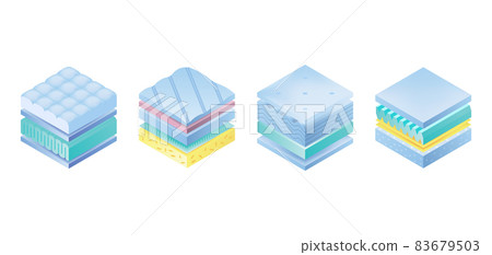 Layered orthopedic mattress icon set. Isometric bed section layers. Fabric breathable material, structure for correct sleeping position. Soft filler, comfort synthetic fiber 83679503