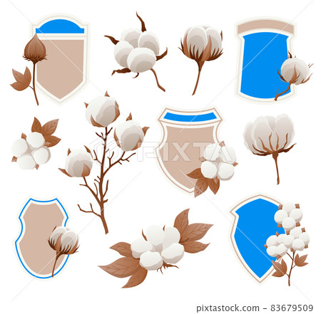 Eco cotton label design and flower set. Soft white plants for production of organic fabric. Cartoon eco friendly and organic symbols and emblems Eco cotton label design and flower set. Soft white plants for production of organic fabric. Cartoon eco friendly and organic symbols and emblems 83679509