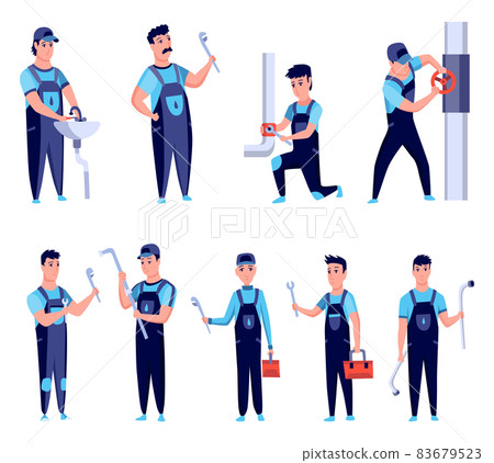 Plumbers. Professional plumbing work service. Cartoon handymens repairing engineering systems and pipe lines with tool. Repair service and maintenance concept. Water service installing and supply Plumbers. Professional plumbing work service. Cartoon handymens repairing engineering systems and pipe lines with tool. Repair service and maintenance concept. Water service installing and supply 83679523