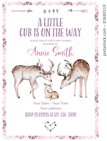 Baby shower invitation with polar arctic animals watercolor collection set. snowy owl. reindeer. polar bear. fox. penguin, walrus. seal and oeca, hare whale 83680319