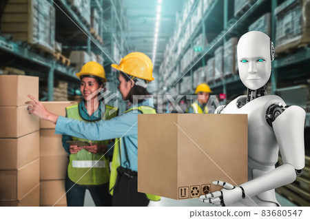 Innovative industry robot working in warehouse together with human worker Innovative industry robot working in warehouse together with human worker 83680547