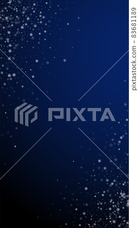 Beautiful snowfall Christmas background. Subtle flying snow flakes and stars on dark blue background. Adorable winter silver snowflake overlay template. Curious vertical illustration. Beautiful snowfall Christmas background. Subtle flying snow flakes and stars on dark blue background. Adorable winter silver snowflake overlay template. Curious vertical illustration. 83681189