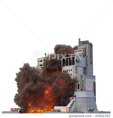 Ruined building in flames isolated on white 3d illustration 83682303