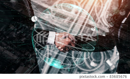 Conceptual business handshake with dashboard for financial data analysis 83685676