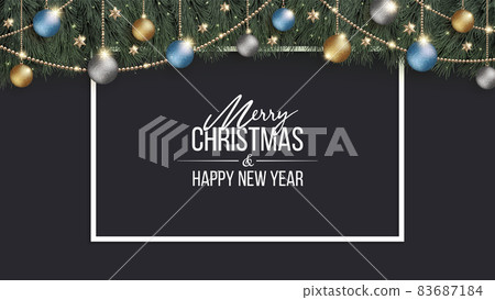 Glittering Christmas decorations, wide black background and white frame 83687184