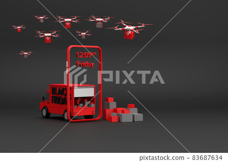 Selling online with mobile phones that is ready to deliver by drone and delivery truck. Black Friday concept Selling online with mobile phones that is ready to deliver by drone and delivery truck. Black Friday concept 83687634