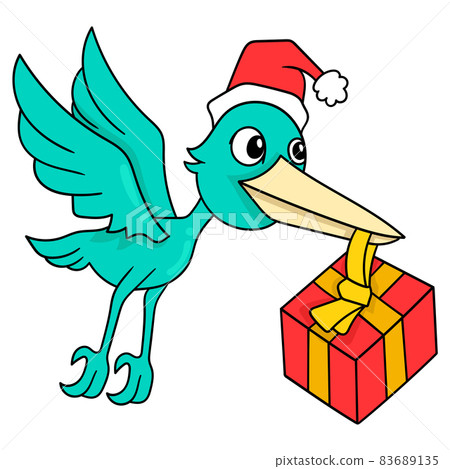 the stork is flying with a christmas present, doodle icon image kawaii 83689135