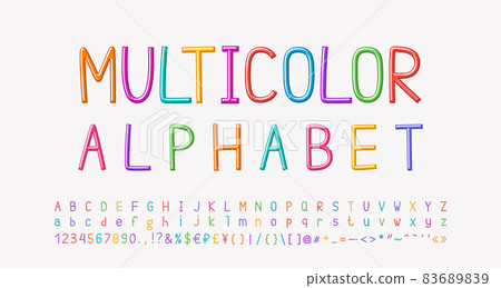 Bright multicolor thin alphabet letters, numbers, signs. Hand drawn linear kids font 83689839