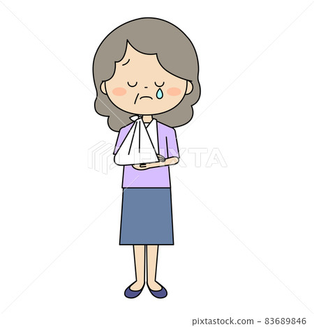 An elderly woman who seems to be anxious due to an injury to her upper limbs 83689846