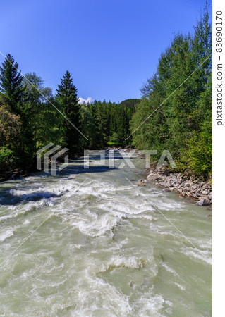 The river on the Oetztal Valley mountain river Oetztaler River Oetz Austria Europe The river on the Oetztal Valley mountain river Oetztaler River Oetz Austria Europe 83690170
