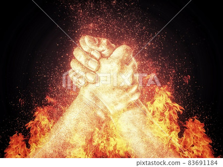 3D illustration that synthesizes the effect of fire with the gesture of holding hands 83691184
