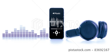 Music background. Mobile smartphone screen with music application, sound headphones. Audio voice with radio beats isolated on white. Recording studio or podcasting banner with copy space. Music background. Mobile smartphone screen with music application, sound headphones. Audio voice with radio beats isolated on white. Recording studio or podcasting banner with copy space. 83692167