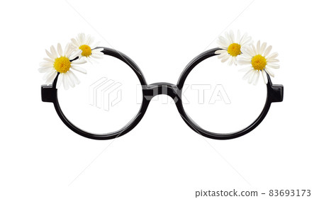 Black plastik glasses with floral arrangement from daisy flowers isolated on white Black plastik glasses with floral arrangement from daisy flowers isolated on white 83693173