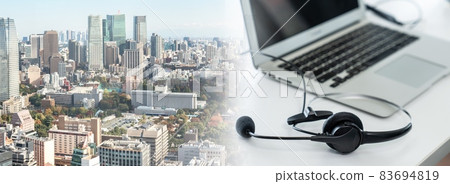 Headset and customer support equipment at call center ready for actively service Headset and customer support equipment at call center ready for actively service 83694819