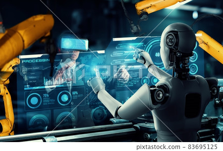 Mechanized industry robot and human worker working together in future factory 83695125