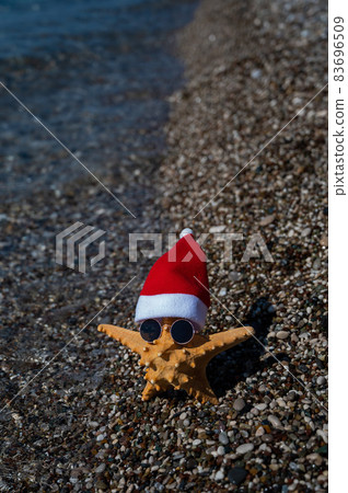 Starfish in santa claus hat and sunglasses on a pebble beach by the sea. 83696509