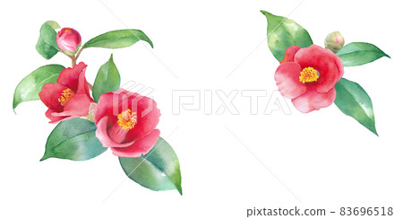 Watercolor illustration of red camellia. Two-corner decorative frame. banner. (Vector data. Leaf and flower layout can be changed) 83696518