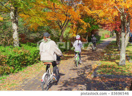 秋葉季，家長和孩子在輕井澤騎自行車 83696546