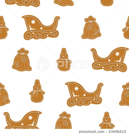 Christmas Cookies pattern, christmas sleigh, snowman and gift bag in brown color, Isolated On White Background, Vector Illustration. Christmas Cookies pattern, christmas sleigh, snowman and gift bag in brown color, Isolated On White Background, Vector Illustration. 83696818