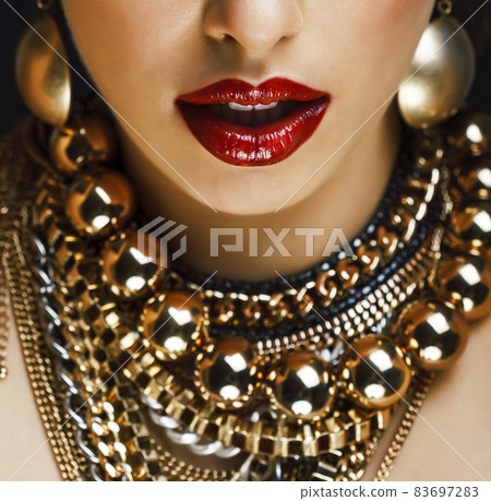 beauty rich woman with bright makeup wearing luxury jewellery on black background, fashion lady beauty rich woman with bright makeup wearing luxury jewellery on black background, fashion lady 83697283