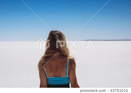 blonde woman dressed in blue looking at a salt lake landscape blonde woman dressed in blue looking at a salt lake landscape 83701010