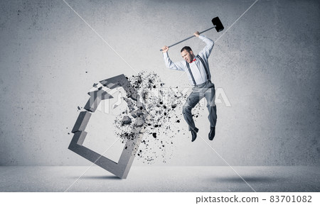 Stone home silhouette as symbol for real estate insurance crashed by man Stone home silhouette as symbol for real estate insurance crashed by man 83701082