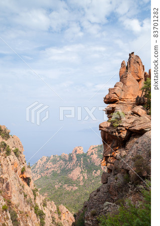 Landscape of the Calanques de Piana, rocky mountains of Corsica 83701282