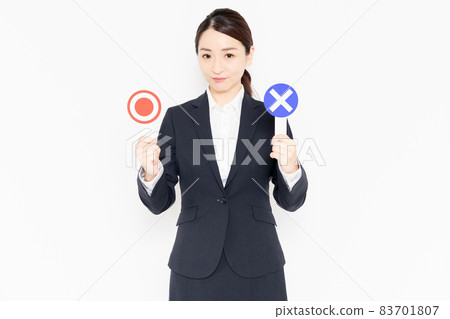 Business woman with OK and NG placards Business woman with OK and NG placards 83701807