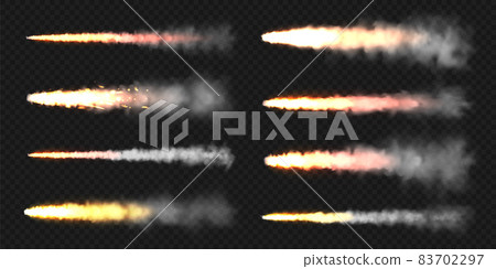 Realistic space rocket launch trails. Fire burst, explosion. Missile or bullet trail. Jet aircraft Realistic space rocket launch trails. Fire burst, explosion. Missile or bullet trail. Jet aircraft 83702297