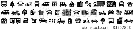 House, car, motorcycle and plant icon set (silhouette) Horizontal arrangement 83702808