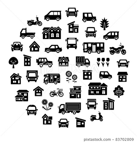 房屋、汽車、摩托車和植物的圓形畫廊(剪影) 房屋、汽車、摩托車和植物的圓形畫廊(剪影) 83702809