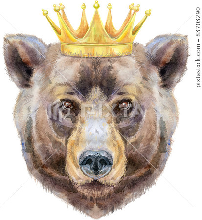 Bear head in gold crown. Watercolor bear painting illustration isolated on white background 83703290