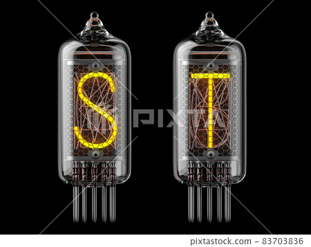 Nixie tube indicator. Letters s and t on black background. 83703836