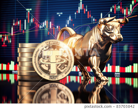 Tether coin with bull and stock chart. Bullish market of Tether. 83703842