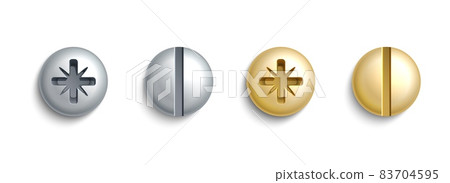 Metal screw head. Realistic bolts with line or cross carving. Isolated hardware template. Silver and bronze fasteners. Build or repair tools. Construction rivet. Vector metallic buttons set 83704595