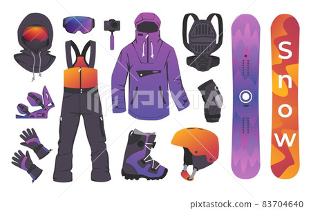 Winter sport kit. Ski equipment and clothes for athletic activity. Bindings boots. Helmet and goggle. Backpack and snowboard. Extreme mountain travel collection. Vector clothing set Winter sport kit. Ski equipment and clothes for athletic activity. Bindings boots. Helmet and goggle. Backpack and snowboard. Extreme mountain travel collection. Vector clothing set 83704640