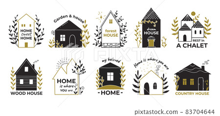Real estate doodle logo. Countryside wooden house sketch. Rental village wooden chalet with garden and town cottage. Residential buildings and letterings. Vector cozy home icons set Real estate doodle logo. Countryside wooden house sketch. Rental village wooden chalet with garden and town cottage. Residential buildings and letterings. Vector cozy home icons set 83704644