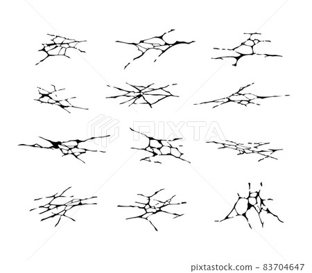 Floor crack. Cartoon earthquake ground holes. Land fractures and canyon clefts. Concrete breaks and game damage effects collection. Cement erosion templates. Vector surface splits set 83704647
