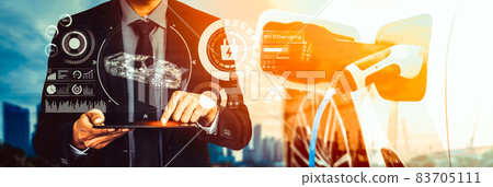 Electric car virtual reality concept with EV charging station for green energy 83705111