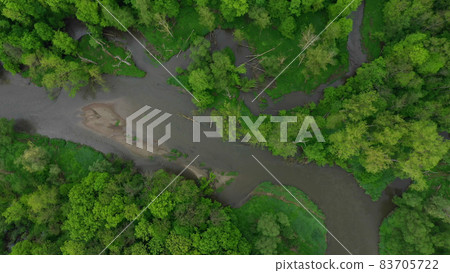 Meanders river delta river dron aerial video shot inland in floodplain forest and lowlands wetland swamp, quadcopter view flying fly flight show, protected landscape area of Litovelske Pomoravi 83705722