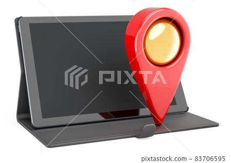 Tablet computer with map pointer. 3D rendering - Stock Illustration ...