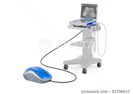 Portable medical ultrasound diagnostic machine, scanner with computer mouse. 3D rendering 83706633