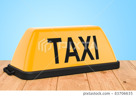 Yellow taxi car signboard on the wooden planks, 3D rendering Yellow taxi car signboard on the wooden planks, 3D rendering 83706635