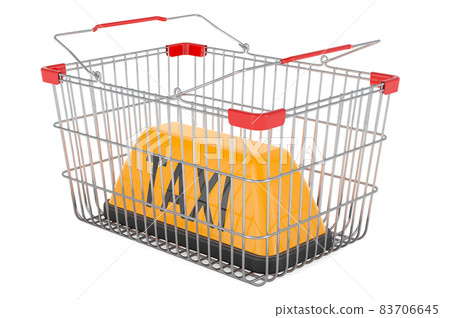 Shopping basket with yellow taxi car signboard, 3D rendering Shopping basket with yellow taxi car signboard, 3D rendering 83706645