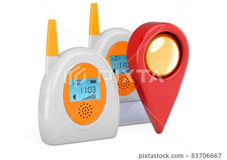 Audio baby monitor, baby alarm with map pointer. 3D rendering Audio baby monitor, baby alarm with map pointer. 3D rendering 83706667