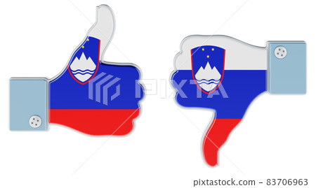 Slovenian flag painted on the hand with thumb up and thumb down. Like and dislike in Slovenia, concept. 3D rendering Slovenian flag painted on the hand with thumb up and thumb down. Like and dislike in Slovenia, concept. 3D rendering 83706963