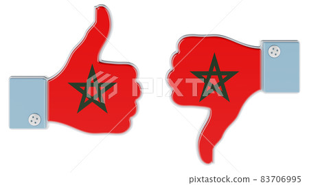 Moroccan flag painted on the hand with thumb up and thumb down. Like and dislike in Morocco, concept. 3D rendering 83706995