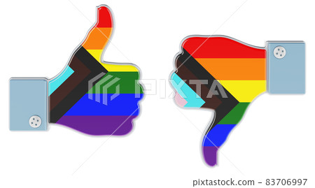 Modern pride LGBTQ flag painted on the hand with thumb up and thumb down. 3D rendering 83706997
